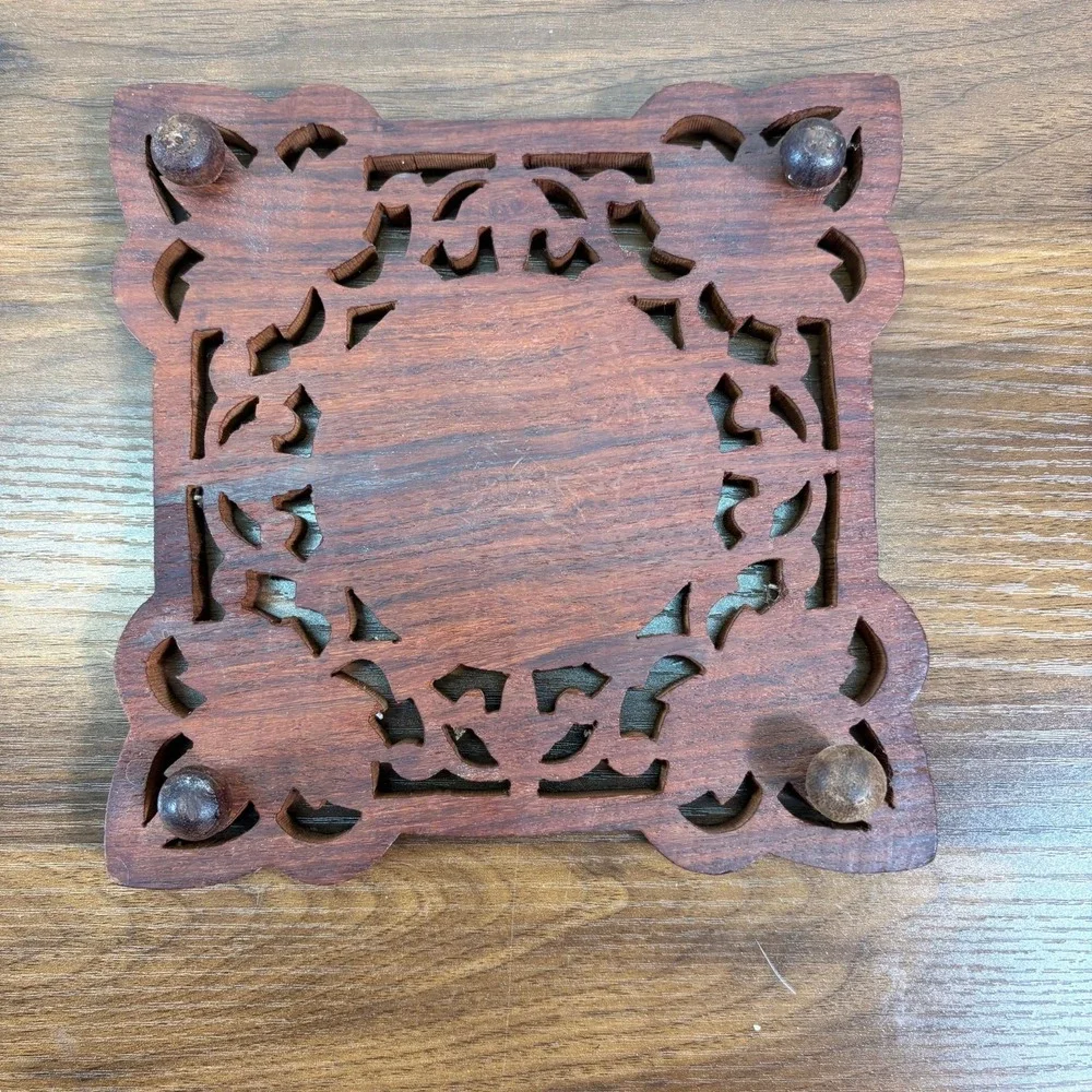 Vintage Hand-carved Wooden Trivet Flowers Inlay Round Footed India 7